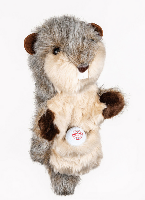 Daphnes Animal Golf Headcovers by Daphne feature a plush beaver or groundhog design with gray and beige fur, brown ears and paws, and white buck teeth—perfect for adding fun to your golf bag. Set against a white background.