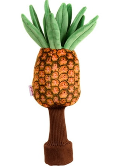 Daphnes Animal Golf Headcovers by Daphne feature a plush pineapple design with a brown textured base, yellow and brown patterned body, and green leaves on top—ideal for adding whimsy to your golf clubs.
