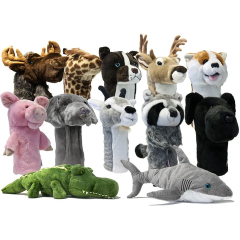 A set of Daphnes Animal Golf Headcovers by Daphne, featuring plush moose, giraffe, pig, dog, raccoon, crocodile, shark, deer, and wolf designs—all with expressive faces and soft textures.