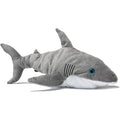 Daphne's Shark golf driver headcover shown from the side with grey textured body, white underside, blue eye, stitched gills, dorsal fin and tail