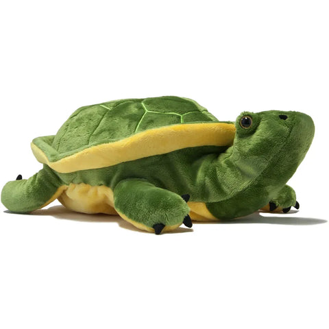 A soft, green plush turtle toy with a yellow underside and black-tipped flippers resembles Daphne’s Animal Golf Headcovers by Daphne, offering charming inspiration for an animal-themed golf headcover. It lies on a white background.