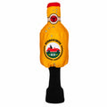 Daphne's Beer golf driver headcover, front view showing the novelty bottle shape, red cap, Designated Driver label and long black knitted protective sock on a clean white background