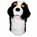 Daphne's Bernese Mountain Dog golf driver headcover, front view showing the black, white and tan plush face, floppy ears and long white protective sleeve on a clean white background