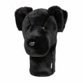 Daphne's Black Lab golf driver headcover, front view showing the black plush face, floppy ears, dark eyes, shiny nose and long protective body on a clean white background