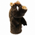 Daphne's Boar golf headcover shown upright from a three-quarter front view, with dark brown plush fur, tan snout, white tusks and black hooves.