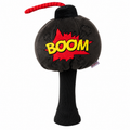Daphne's Bomb golf headcover shown upright from the front, with a round black plush body, red fuse, red starburst, yellow BOOM lettering and black knitted club sleeve.