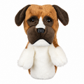 Daphne's Boxer dog golf headcover shown upright from the front, with brown and white plush fur, floppy dark ears, a white facial blaze and black nose.