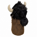 Daphne's Buffalo golf headcover shown upright from a three-quarter view, with shaggy black plush fur, a brown body and two curved pale horns.