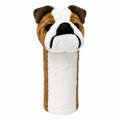 Daphne's Bulldog golf driver headcover, front view showing the brown and white plush face, folded ears, black nose and long protective sleeve on a clean white background