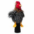 Daphne's Chicken golf driver headcover, front three-quarter view showing the red comb, yellow beak and feet, brown and black feathered body and black knitted sleeve on a clean white background