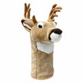 Daphne's Deer golf driver headcover, front three-quarter view showing the tan plush face, white throat, large ears, dark nose, antlers and long protective sleeve on a clean white background