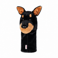 Daphne's Doberman golf headcover on a clean white background, shown from the front with black plush fur, tan muzzle and eyebrows, upright ears and long club sleeve.