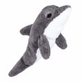Daphne's Dolphin golf driver headcover, leaping side view showing the grey plush back, white underside, face, fins and tail on a clean white background