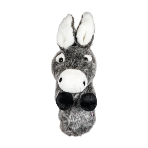 Daphne's Donkey golf headcover on a clean white background, shown from the front with grey plush fur, long white-lined ears, round eyes and black hooves.