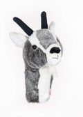 Daphne’s Goat golf driver headcover with grey and white plush fur and black horns, on a white background.