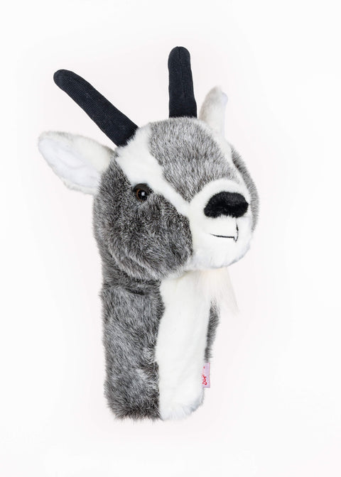 Daphne’s Goat golf driver headcover with grey and white plush fur and black horns, on a white background.