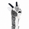Daphne's Goat golf headcover on a clean white background, shown at a three-quarter angle with grey and white plush fur, black horns and upright ears.