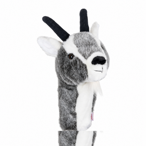 Daphne's Goat golf headcover on a clean white background, shown at a three-quarter angle with grey and white plush fur, black horns and upright ears.