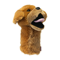 Daphne's Golden Retriever golf headcover on a clean white background, shown at a three-quarter angle with golden-brown plush fur, floppy ears, black nose and pink tongue.