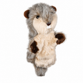 Daphne's Gopher golf headcover shown upright from a three-quarter front view, with shaggy grey and cream plush fur, brown paws and two white front teeth.