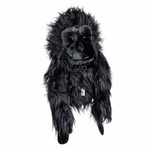 Daphne's Gorilla golf headcover on a clean white background, shown from the front with long shaggy black fur, broad shoulders and detailed facial features.