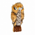 Daphne's Hawk golf driver headcover with golden-brown feathered plush, yellow eyes, curved grey beak and patterned chest