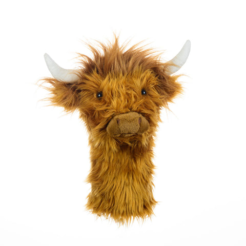 Daphne's Highland Cow golf headcover shown on a golf bag