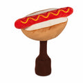 Daphne's Hotdog golf driver headcover, side view showing the red sausage, yellow mustard detail, soft bun and brown knitted protective sleeve on a clean white background
