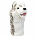 Daphne's Husky golf driver headcover, front three-quarter view showing the grey and white plush face, upright ears, blue eyes and long protective sleeve on a clean white background