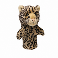 Daphne's Leopard golf driver headcover with spotted tan plush coat, rounded ears, pale muzzle, pink nose and extended body