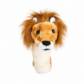 Daphne's Lion golf driver headcover with golden plush face, shaggy brown mane, white muzzle, black nose and long cream sleeve