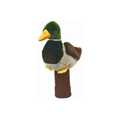 Daphne's Mallard golf headcover on a clean white background, shown in side profile with green head, yellow beak, brown wings, grey body and brown knitted club sleeve.