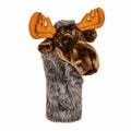 Daphne's Moose golf driver headcover, front three-quarter view showing the brown plush face, broad tan antlers and long grey protective sleeve on a clean white background