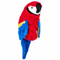 Daphne's Parrot golf driver headcover, front three-quarter view showing the red plush body, black beak, white face and blue and yellow wings and tail on a clean white background