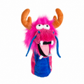 Daphne's Pink Dragon golf driver headcover with vivid pink plush fur, blue chest, tan horns, white fangs and long blue whiskers