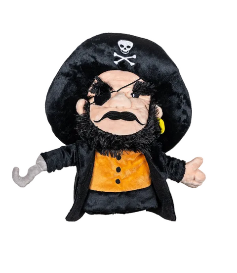 Daphne's Pirate golf driver headcover with black skull-and-crossbones hat, eye patch, beard, gold earring, hook hand and orange shirt, shown from the front