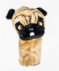Daphne's Pug golf driver headcover with tan plush face, black muzzle and ears, round eyes, small tongue and long protective sleeve, shown from the front