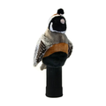 Daphne's Quail golf headcover on a clean white background, shown from the front with brown, grey, black and white plumage, small crest and black knitted club sleeve.