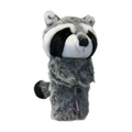 Daphne's Raccoon golf headcover on a clean white background, shown at a three-quarter angle with grey plush fur, black eye markings, white muzzle and striped tail.