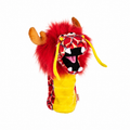 Daphne's Red Dragon golf driver headcover with shaggy red plush fur, yellow belly and whiskers, tan horns and white fangs
