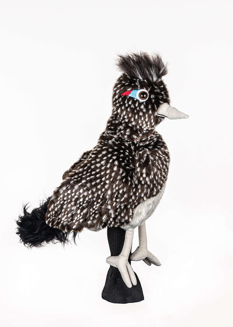 Daphne’s Road Runner golf driver headcover, side view showing speckled plush feathers and long legs.
