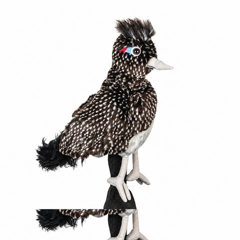 Daphne's Road Runner golf driver headcover shown side-on with speckled brown and white plush feathers, dark crest, grey beak, long legs and black sleeve