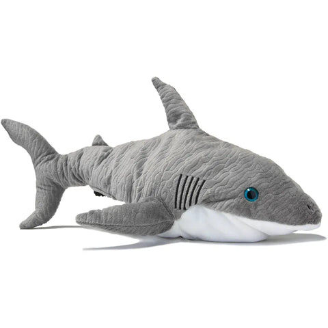 Daphne's Shark golf driver headcover shown from the side with grey textured body, white underside, blue eye, stitched gills, dorsal fin and tail