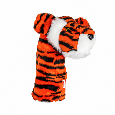 Daphne's Tiger golf driver headcover shown side-on with vivid orange plush coat, black stripes, white cheeks, green eye and long protective body