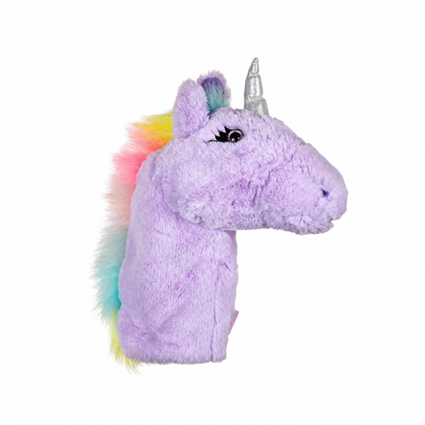 Daphne's Unicorn golf driver headcover shown side-on with lavender plush coat, silver horn, glitter-trimmed eye and pastel rainbow mane