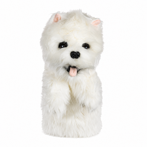 Daphne's Westie Terrier golf driver headcover, front view, with fluffy white plush coat, small upright pink-lined ears, dark eyes, black nose and pink tongue