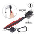 Deluxe Golf Brush showing the nylon and wire bristle sides with retractable clip.