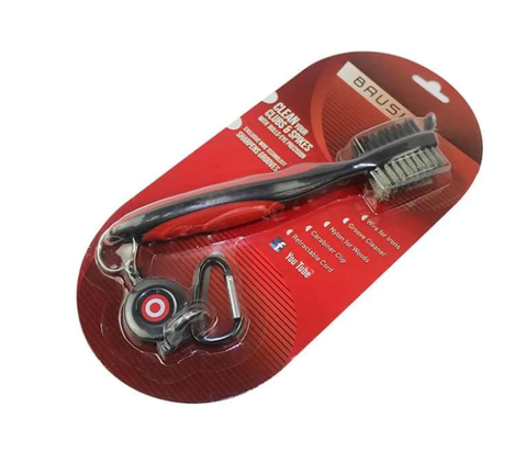 Deluxe Golf Brush with retractable clip in red retail packaging.