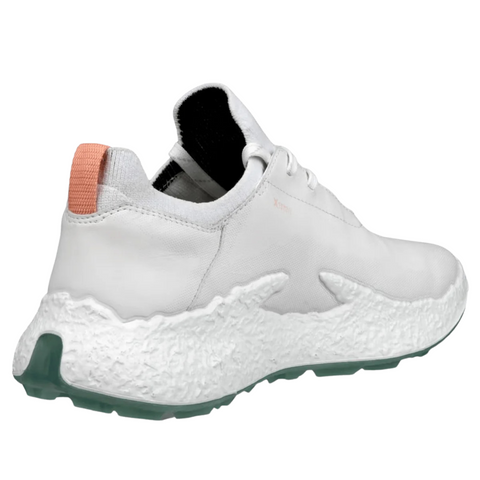 The ECCO 2025 Women's Biom H5 Golf Shoes in White/Sedum Green feature a thick textured sole, subtle stitching, a coral heel pull tab, and a green translucent outsole—stylish, waterproof golf shoes by Ecco.