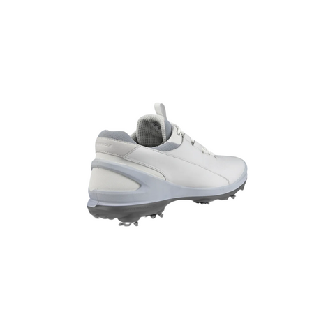 The ECCO Biom Tour Mens Golf Shoes by Ecco, shown from a rear side angle in white with gray accents and a textured outsole, feature waterproof GORE-TEX construction for peak golf course performance.